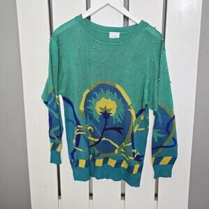 Mondi Teal Blue Flower VTG Pullover Rayon Silk Blend Embellished Sweater Size 40